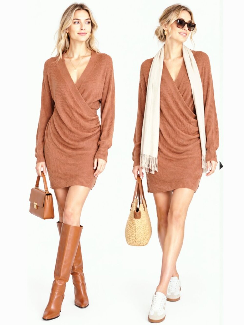 Kittenish Faux Wrap Cold Elbow Sweater Dress with tags